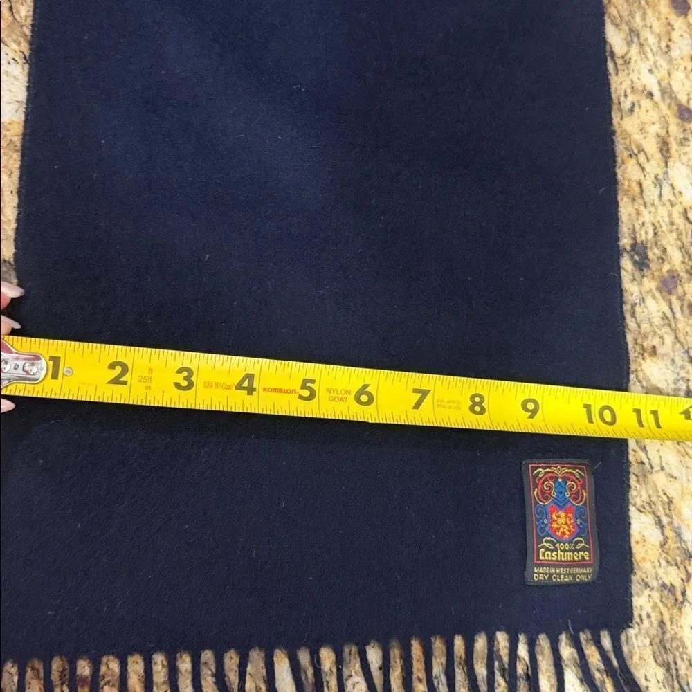 Vintage West Germany 100% Cashmere Navy Fringed Scarf Unisex 10.5 x 52